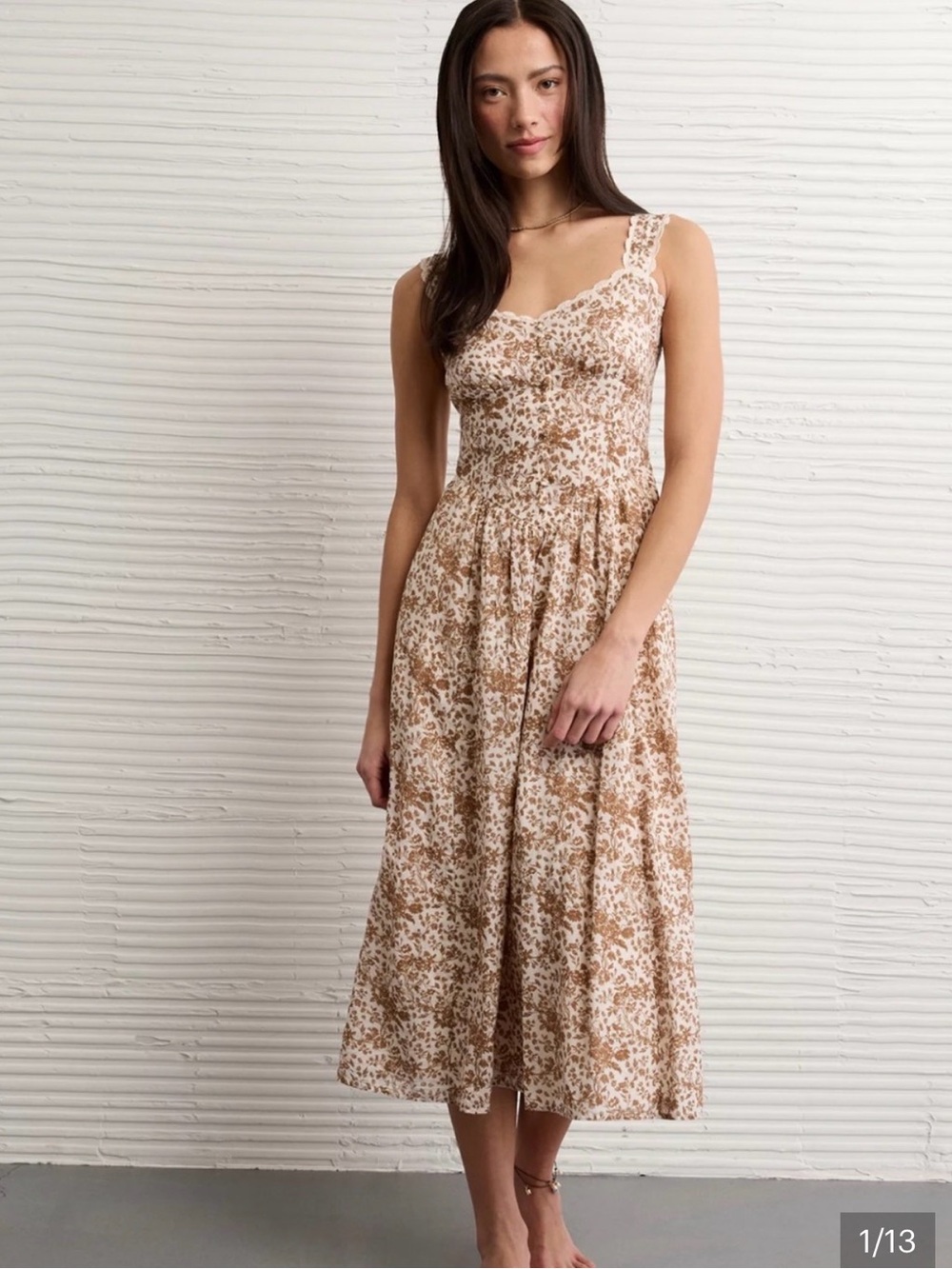 American Eagle Outfitters Beige Floral Lace-Trim Midi Dress Corset Back